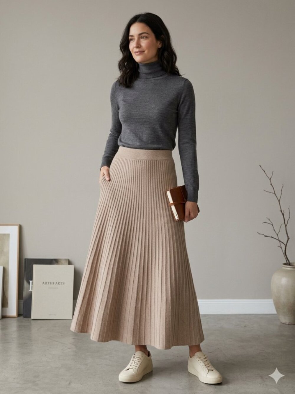 Banana Republic Pleated Ribbed Knit Maxi Skirt in Taupe size small